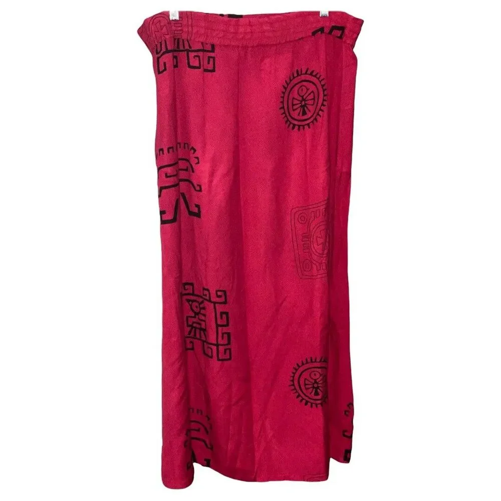Vintage Essence By Mail Burgundy Red Skirt Long Boho Aztec Tribal Art Print sz L